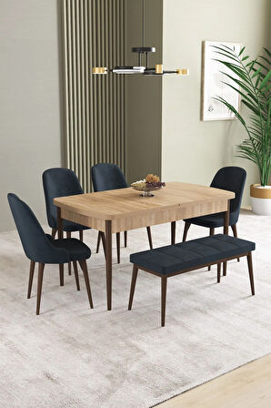 Ikon Meşe Desen 80x132 MDF Açılabilir Mutfak Masası Takımı 4 Sandalye, 1 Bench