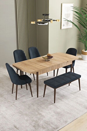 Ikon Meşe Desen 80x132 MDF Açılabilir Mutfak Masası Takımı 4 Sandalye, 1 Bench