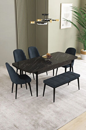 Ikon Siyah Mermer Desen 80x132 MDF Açılabilir Mutfak Masası Takımı 4 Sandalye, 1 Bench