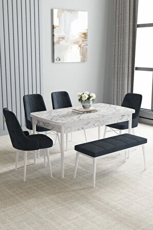 Jusie Beyaz Mermer Desen 80x132 Açılabilir Yemek Odası Takımı 4 Sandalye, 1 Bench