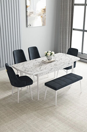 Jusie Beyaz Mermer Desen 80x132 Açılabilir Yemek Odası Takımı 4 Sandalye, 1 Bench