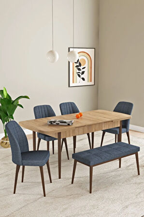 Laris Meşe Desen 80 X 132 Benchli Açılabilir MDF Mutfak Masa Takımı 4 Sandalye