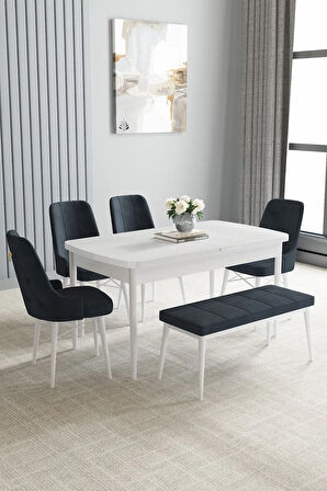 Arvela Beyaz 80x132 MDF Açılabilir Mutfak Masası Takımı 4 Sandalye, 1 Bench