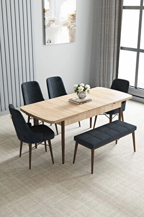 Arvela Meşe Desen 80x132 Açılabilir Yemek Odası Takımı 4 Sandalye, 1 Bench