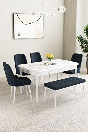 Mabel Beyaz Mermer Desen 80x132 MDF Açılabilir Mutfak Masası Takımı 4 Sandalye 1 Bench