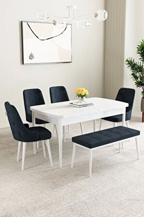 Mabel Beyaz Desen 80x132 MDF Açılabilir Mutfak Masası Takımı 4 Sandalye 1 Bench