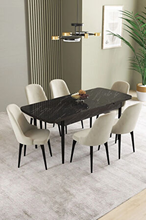 Mabel Siyah Mermer Desen 80x132 MDF Açılabilir Mutfak Masası Takımı 4 Sandalye 1 Bench