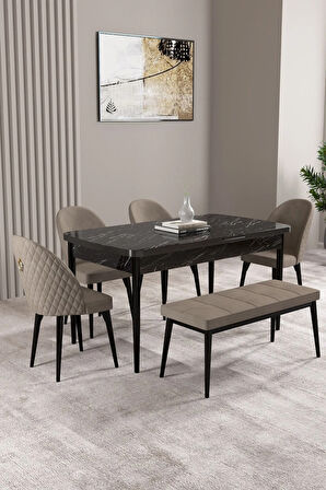 Milas Siyah Mermer Desen 80x132 MDF Açılabilir Mutfak Masası Takımı 4 Sandalye, 1 Bench