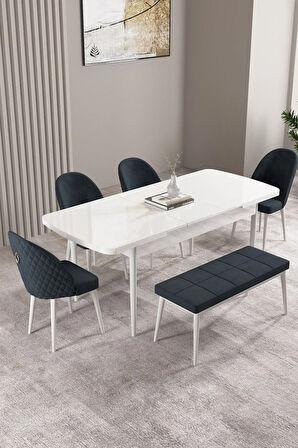 Milas Beyaz 80x132 MDF Açılabilir Yemek Masası Takımı 4 Sandalye, 1 Bench