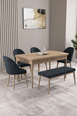 Milas Meşe Desen 80x132 MDF Açılabilir Yemek Masası Takımı 4 Sandalye, 1 Bench