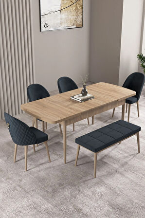 Milas Meşe Desen 80x132 MDF Açılabilir Yemek Masası Takımı 4 Sandalye, 1 Bench