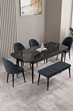 Milas Siyah Mermer Desen 80x132 MDF Açılabilir Yemek Masası Takımı 4 Sandalye, 1 Bench