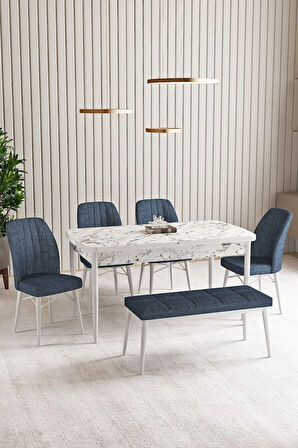 Lara Beyaz Mermer Desen 80 X 132 Açılabilir MDF Mutfak Masası 4 Sandalye, 1 Bench