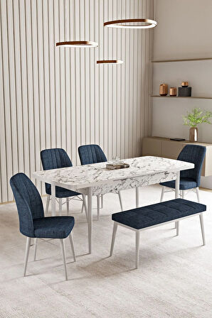 Lara Beyaz Mermer Desen 80 X 132 Açılabilir MDF Mutfak Masası 4 Sandalye, 1 Bench