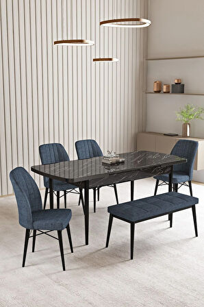 Lara Siyah Mermer Desen 80 X 132 Açılabilir MDF Mutfak Masası 4 Sandalye, 1 Bench
