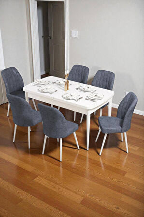 Bara Beyaz 80X132 Açılabilir Sunta Masa Yemek Odası Takımı, Mutfak Takımı 6 Adet Sandalye