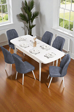 Bara Beyaz 80X132 Açılabilir Sunta Masa Yemek Odası Takımı, Mutfak Takımı 6 Adet Sandalye