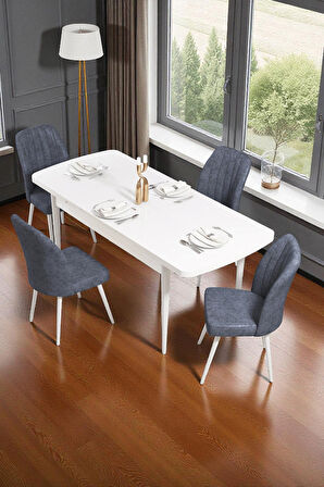 Bara Beyaz 80X132 Açılabilir Sunta Masa Yemek Odası Takımı, Mutfak Takımı 4 Adet Sandalye