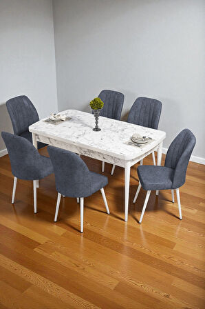 Bara Beyaz Mermer 80X132 Açılabilir Sunta Masa Yemek Odası Takımı, Mutfak Takımı 6 Adet Sandalye