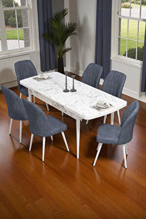 Bara Beyaz Mermer 80X132 Açılabilir Sunta Masa Yemek Odası Takımı, Mutfak Takımı 6 Adet Sandalye