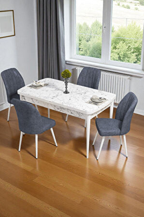 Bara Beyaz Mermer 80X132 Açılabilir Sunta Masa Yemek Odası Takımı, Mutfak Takımı 4 Adet Sandalye