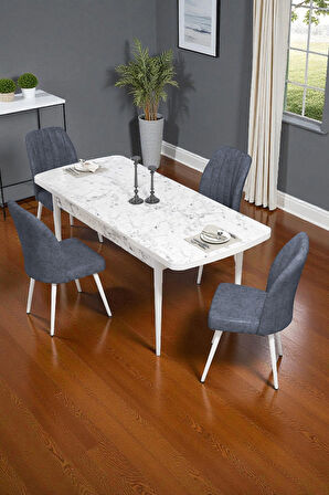 Bara Beyaz Mermer 80X132 Açılabilir Sunta Masa Yemek Odası Takımı, Mutfak Takımı 4 Adet Sandalye