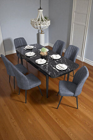 Bara Siyah Mermer 80X132 Açılabilir Sunta Masa Yemek Odası Takımı, Mutfak Takımı 6 Adet Sandalye