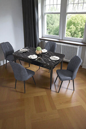 Bara Siyah Mermer 80X132 Açılabilir Sunta Masa Yemek Odası Takımı, Mutfak Takımı 4 Adet Sandalye