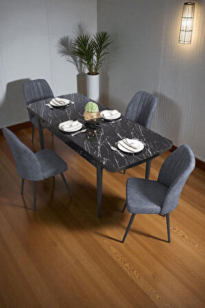 Bara Siyah Mermer 80X132 Açılabilir Sunta Masa Yemek Odası Takımı, Mutfak Takımı 4 Adet Sandalye
