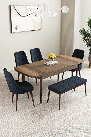 Clara Barok Desen 80x132 Açılabilir Mdf Masa Yemek Odası Takımı,Mutfak Takımı 4 Sandalye 1 Bench