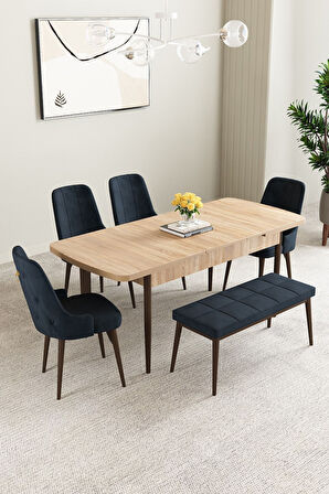 Clara Meşe Desen 80x132 Açılabilir Mdf Masa Yemek Odası Takımı,Mutfak Takımı 4 Sandalye 1 Bench