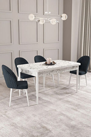 Arya Beyaz Mermer Desen 80x132 MDF Açılabilir Yemek Masası Takımı 4  Sandalye