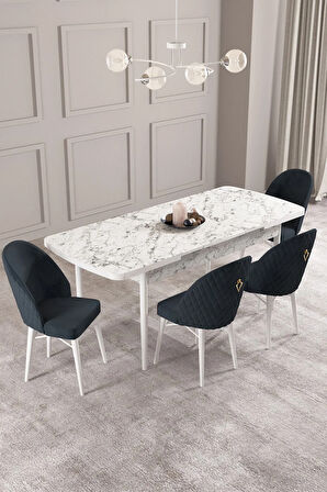 Arya Beyaz Mermer Desen 80x132 MDF Açılabilir Yemek Masası Takımı 4  Sandalye