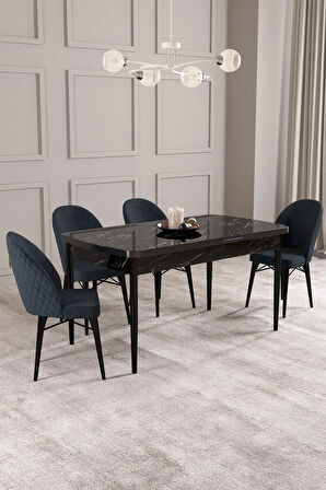 Arya Siyah Mermer Desen 80x132 MDF Açılabilir Yemek Masası Takımı 4  Sandalye