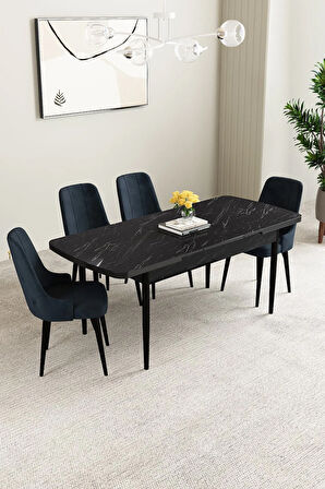 Ashira MDF Siyah Mermer Desen Açılabilir 80x132 Cm 4 Sandalyeli Mutfak Masası Takımı