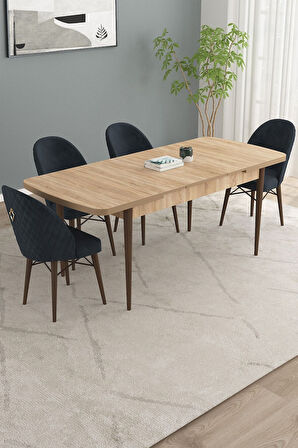 Calvin Meşe Desen 80x132 Açılabilir Mdf Masa Yemek Odası Takımı, Mutfak Takımı 4 Adet Sandalye