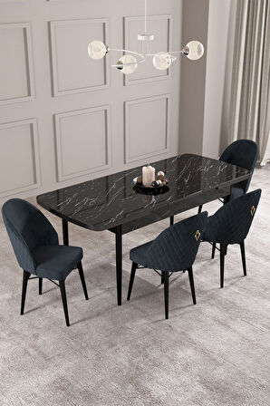 ​​​​​​​Calvin Siyah Mermer 80x132 Açılabilir Mdf Masa Yemek Odası Takımı, Mutfak Takımı 4 Adet Sanda