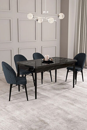 Calvin Siyah Mermer Desen 80x132 MDF Açılabilir Mutfak Masası Takımı 4  Sandalye
