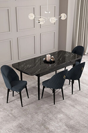 Calvin Siyah Mermer Desen 80x132 MDF Açılabilir Mutfak Masası Takımı 4  Sandalye