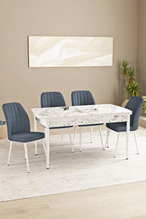 Daisy Beyaz Mermer Desen 80x132 Açılabilir MDF Mutfak Masa Takımı 4 Sandalye