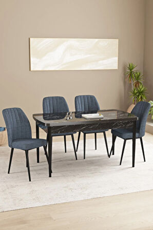 Daisy Siyah Mermer Desen 80x132 Açılabilir MDF Mutfak Masa Takımı 4 Sandalye