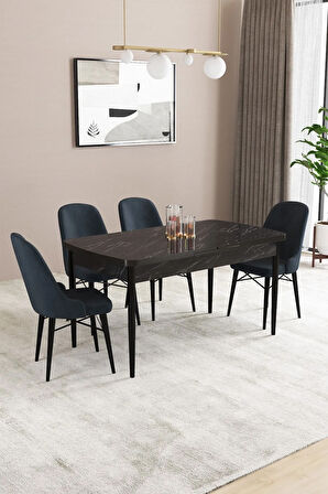 Fonza Siyah Mermer Desen 80x132 MDF Açılabilir Mutfak Masası Takımı 4  Sandalye