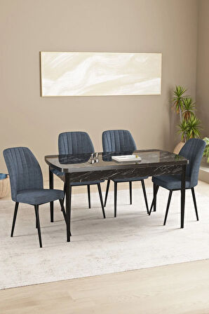 Floryn Siyah Mermer Desen 80 X 132 Açılabilir MDF Mutfak Masa Takımı 4 Sandalye