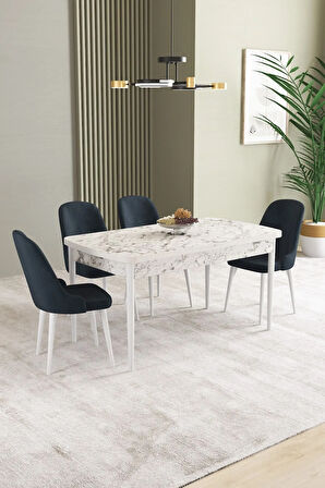 Ikon Beyaz Mermer Desen 80x132 MDF Açılabilir Yemek Masası Takımı 4  Sandalye