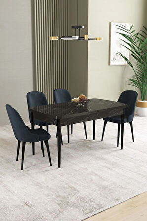 Ikon Siyah Mermer Desen 80x132 MDF Açılabilir Yemek Masası Takımı 4  Sandalye
