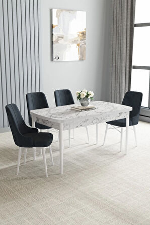 Jusie Beyaz Mermer Desen 80x132 Açılabilir Yemek Odası Takımı 4  Sandalye