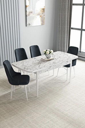 Jusie Beyaz Mermer Desen 80x132 Açılabilir Yemek Odası Takımı 4  Sandalye