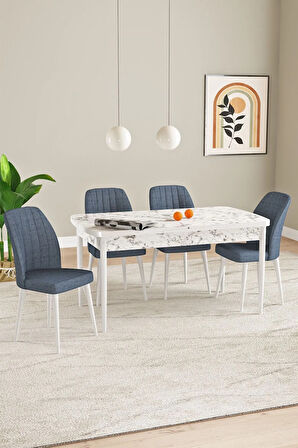 Laris Beyaz Mermer Desen 80 X 132 Açılabilir MDF Mutfak Masa Takımı 4 Sandalye