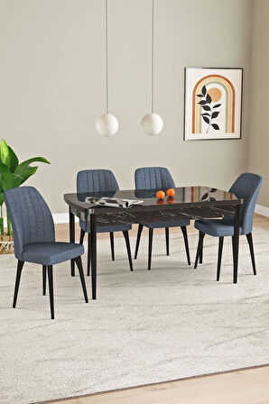 Laris Siyah Mermer Desen 80 X 132 Açılabilir MDF Mutfak Masa Takımı 4 Sandalye