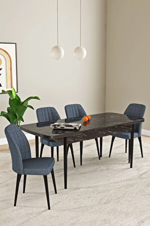 Laris Siyah Mermer Desen 80 X 132 Açılabilir MDF Mutfak Masa Takımı 4 Sandalye